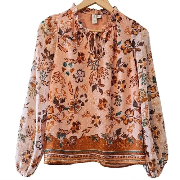 Joie Tops - Joie Peach Floral Bohemian Peasant Chiffon Swiss Dot  Ruffle Top Tie Blouse XS.
